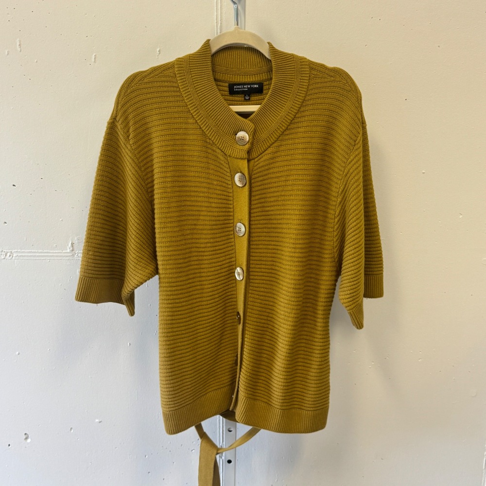 Jones New York Mustard Yellow Ribbed Short Sleeve Belted Cardigan Sweater Large